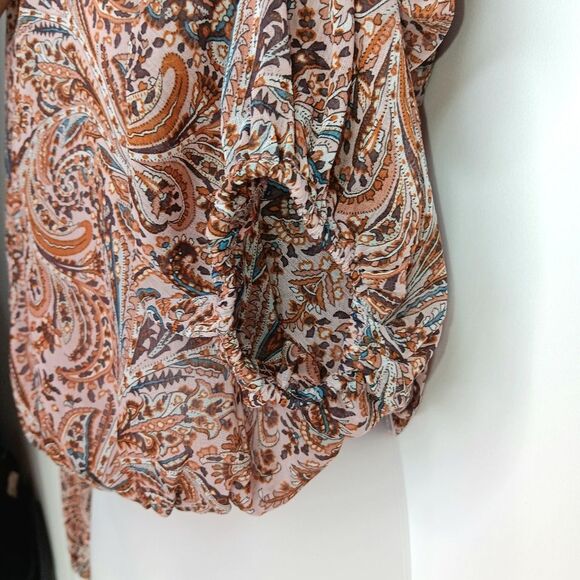RACHEL ZOE Women’s Neutral Paisley Sheer Blouse Medium Boho Balloon Cropped - Picture 8 of 11